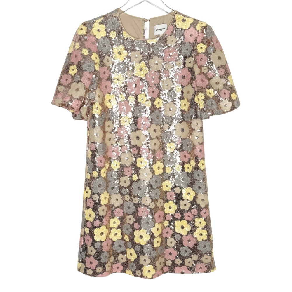 Choklate Paris Sequin Floral Puff‎ Sleeve Shift Dress Small